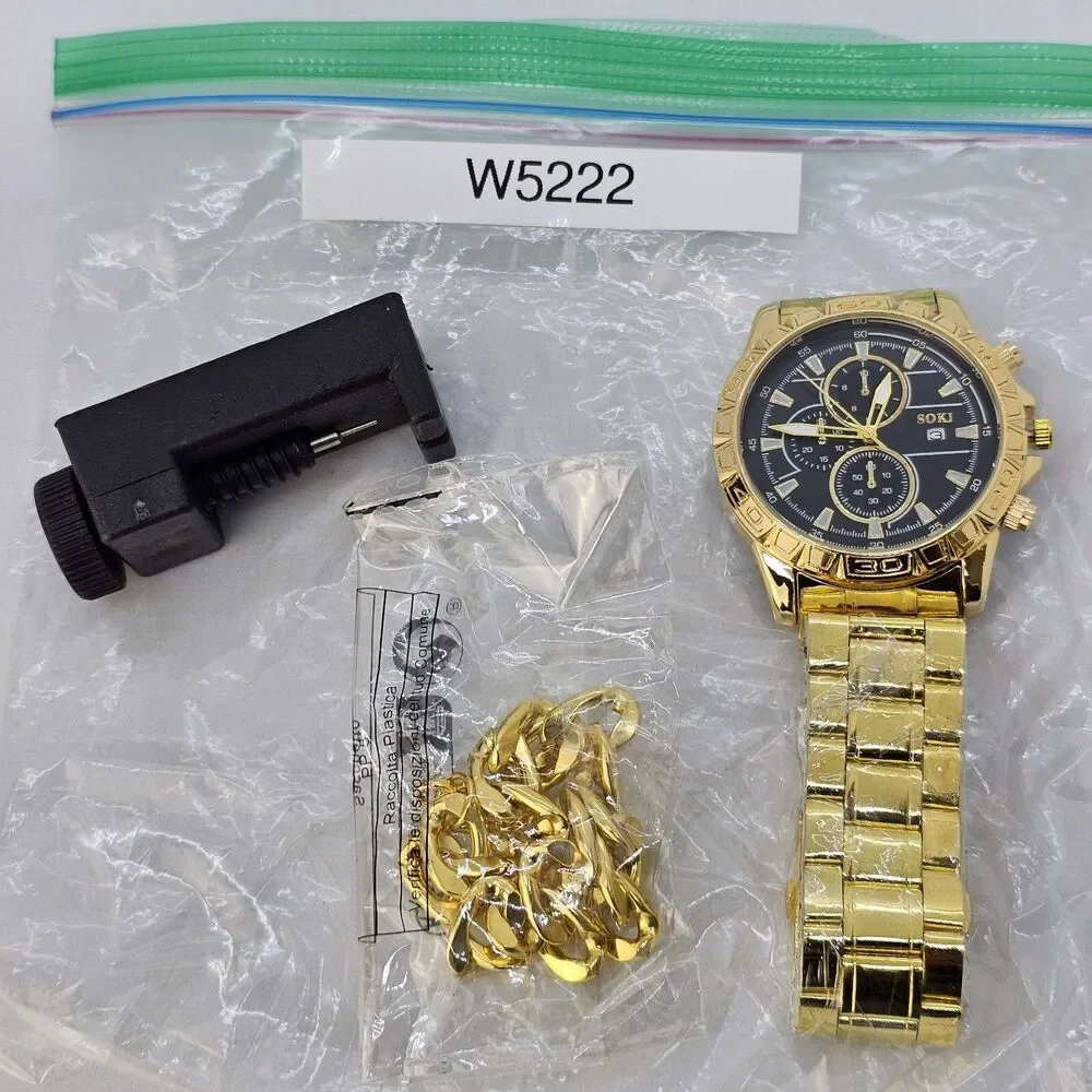 Men's Watch Bracelet Set 43MM Black Dial Date Gold‎ Bracelet Band 8